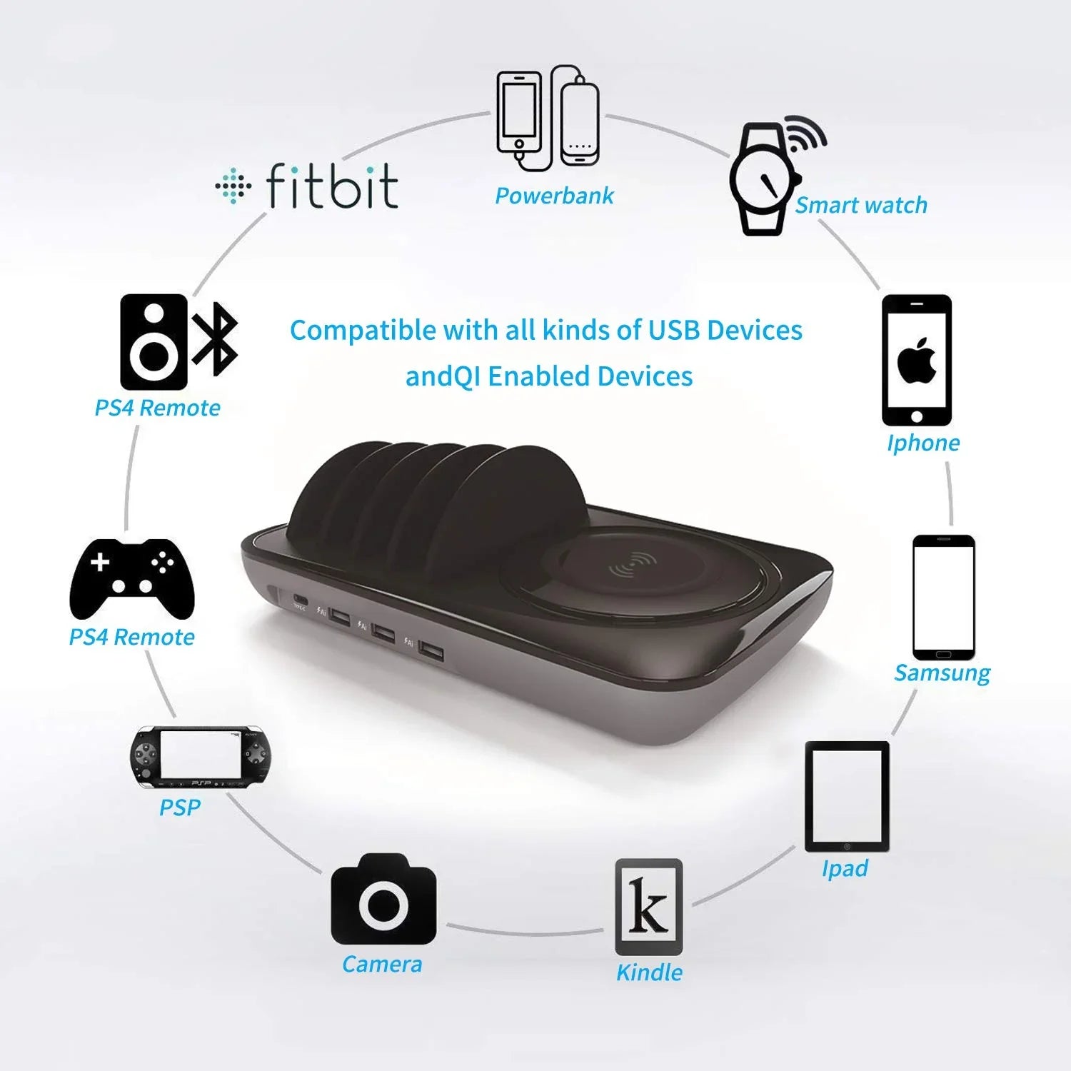 Soopii Wiv6 - 5In1 - 4 Ports Usb and Wireless Charging Station - Black - Tashqila Soopii Wiv6 - 5In1 - 4 Ports Usb and Wireless Charging Station - Black - Tashqila